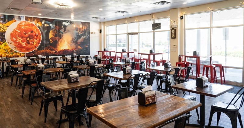Dining space, tables and chairs ready for guests