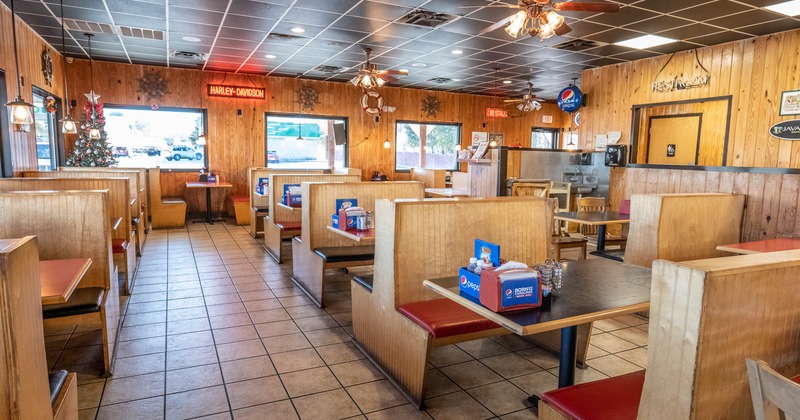 Interior, dining area, dining booths, window