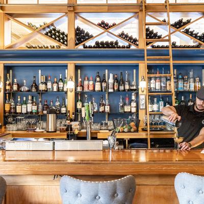Bar area, various liquor bottles on the shelf
