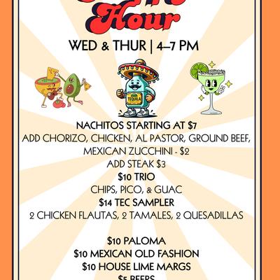 Happy hour flyer with cartoon drinks and information.