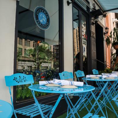 Exterior, side walk patio, entrance, sign on glass door