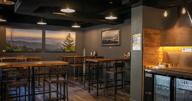 Interior space, seating area with tall tables and stools