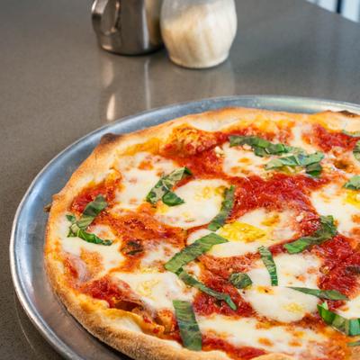 Close up of Margherita pizza.