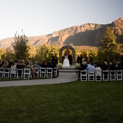 Wedding in progress,restaurant exterior, garden
