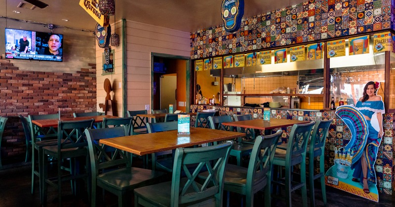 Interior, seating area, tables with bar stools