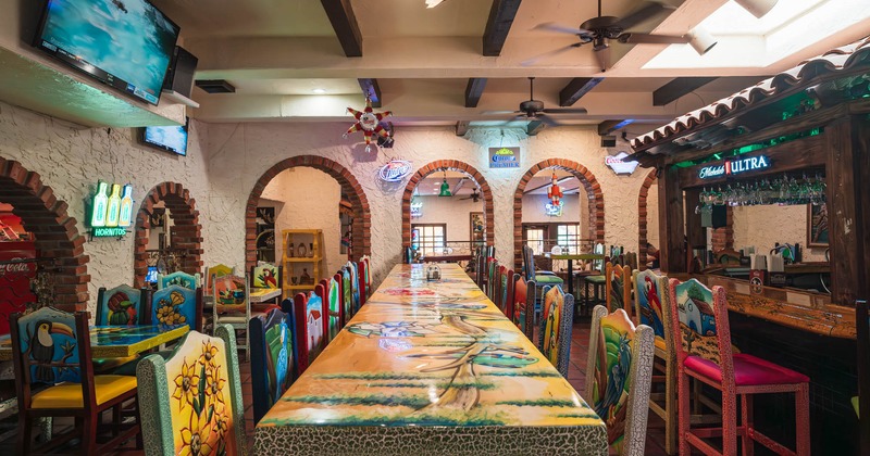 Seating area, long painted table