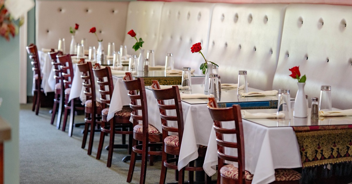 Interior, tables and chairs lined up