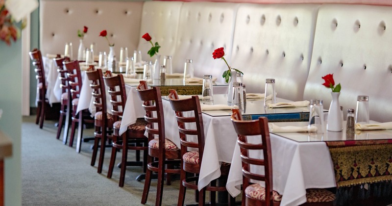 Interior, tables and chairs lined up