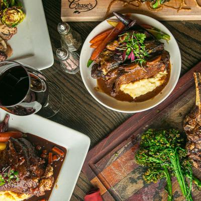 An assortment of dishes on a table, flat lay.