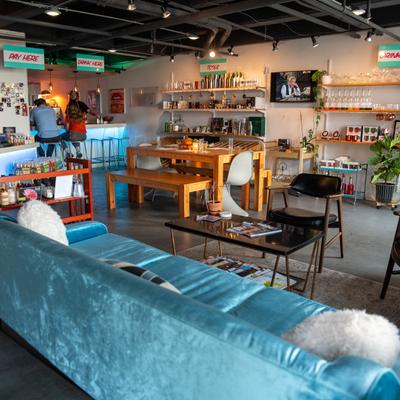 Interior, seating area, padded blue sofa.