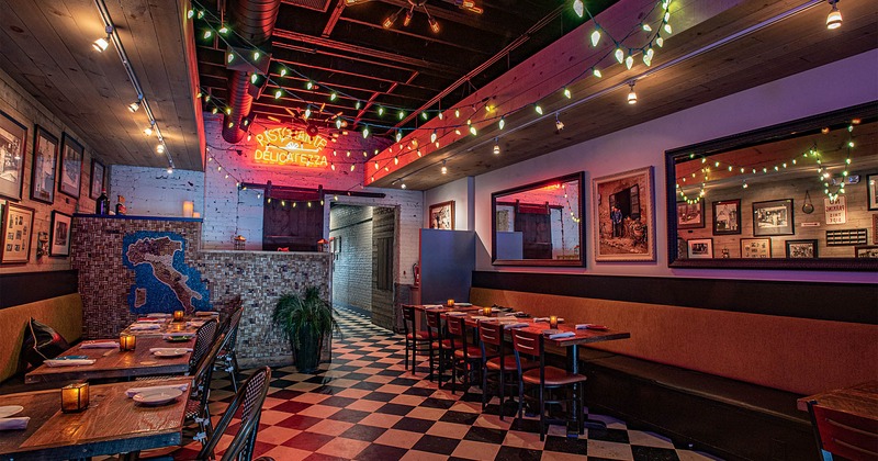 Interior, dinning area, string lights