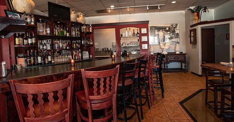 Interior, bar area and bar stools