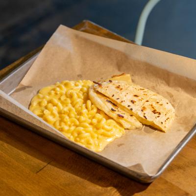 Kids cheese quesadilla with mac and cheese.