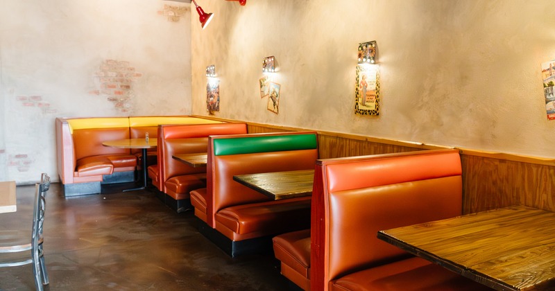 Interior, colorful leather dining booths