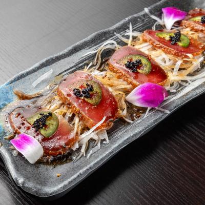 Black pepper tuna with ponzu sauce.