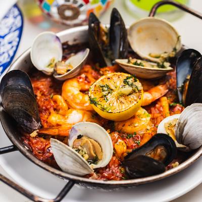 Seafood Spanish Paella, close up.