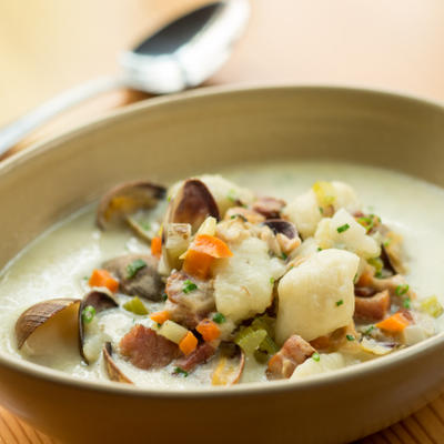 Clam Chowder with braised bacon, gnocchi