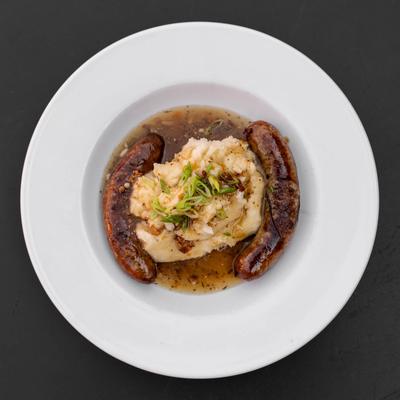 Bangers and Mash, top view.