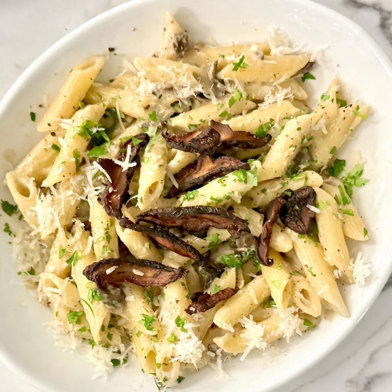 Penne Pasta Alfredo with Wild Mushrooms and Shiitake Bacon photo