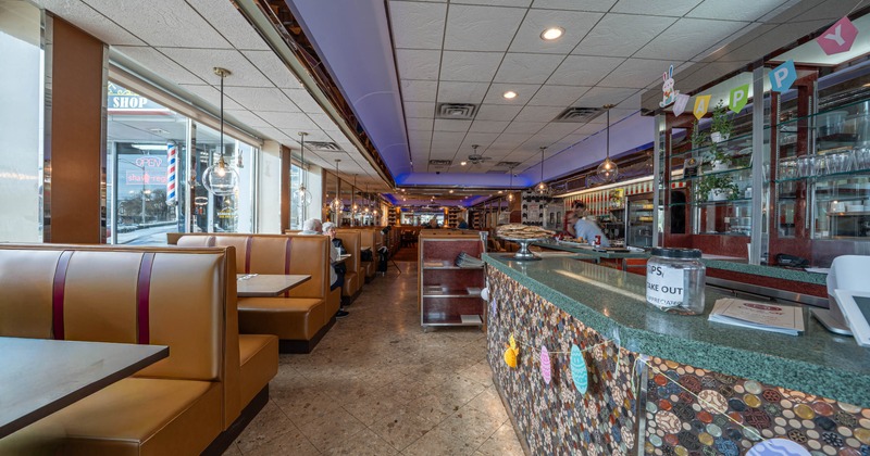 Interior, seating booths lined up