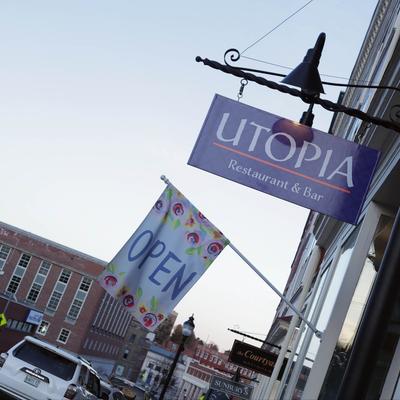 Restaurant sign and Open banner.