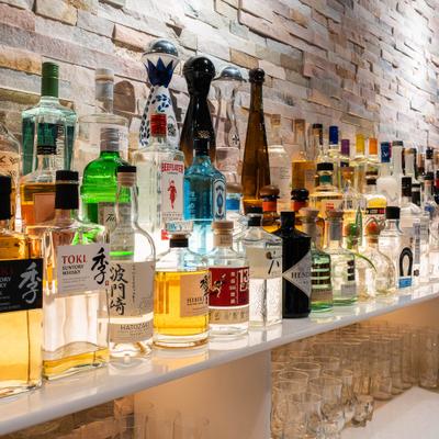 Selection of spirits and liquers behind the bar.
