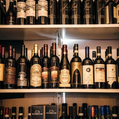 Assorted wine bottles arranged on the shelves.
