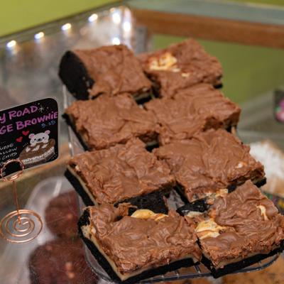 Rocky Road Fudge Brownies on a display tray.