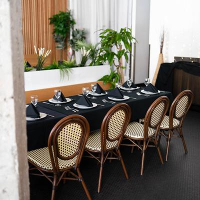 A set dining table and chairs.