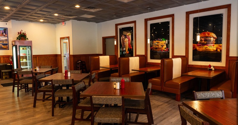 Interior, tables, chairs and booths ready for guests