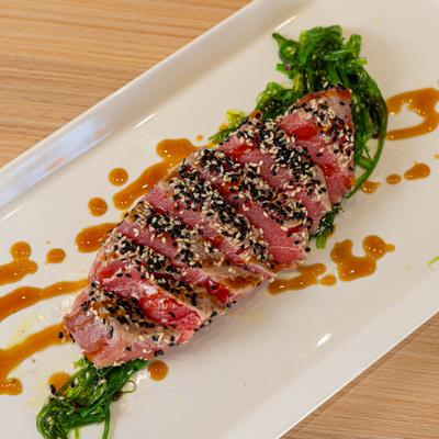 Sesame crusted Ahi tuna, with teriyaki glaze.