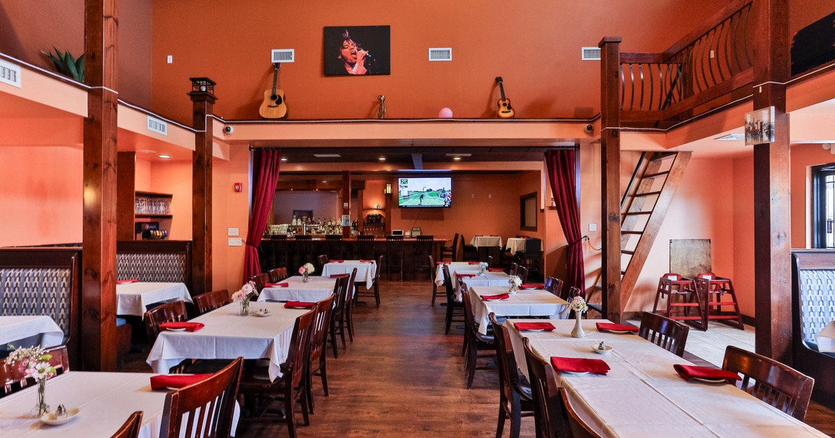 Diner area, tables, chairs, wide view, screens on the wals