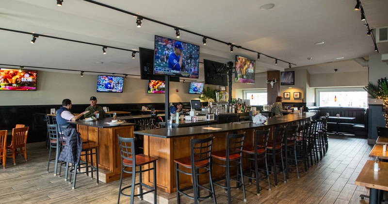 Interior, bar area, bar and bar stools