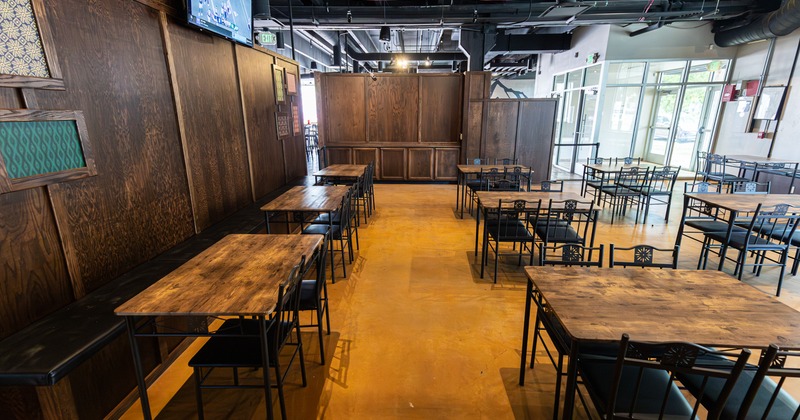 Interior, diner area, tables and chairs