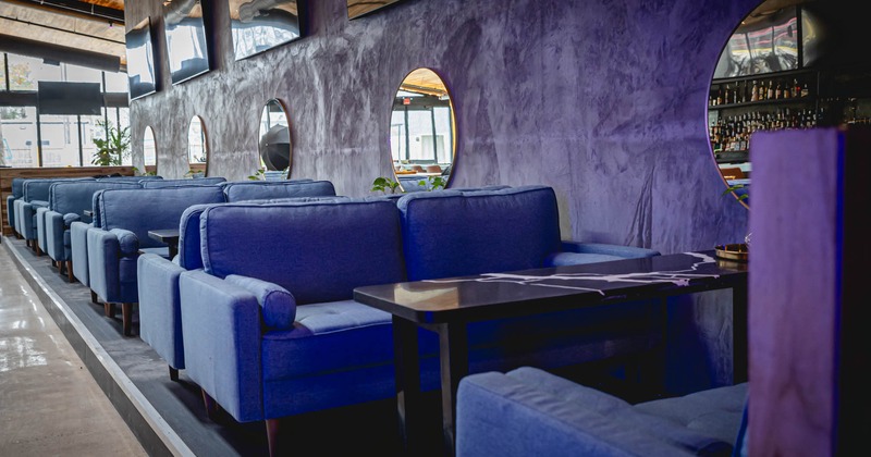 Seating area, blue velvet sofas