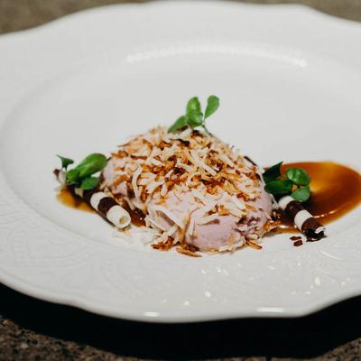 Elegant ice cream presentation with coconut flakes and sauce smears.
