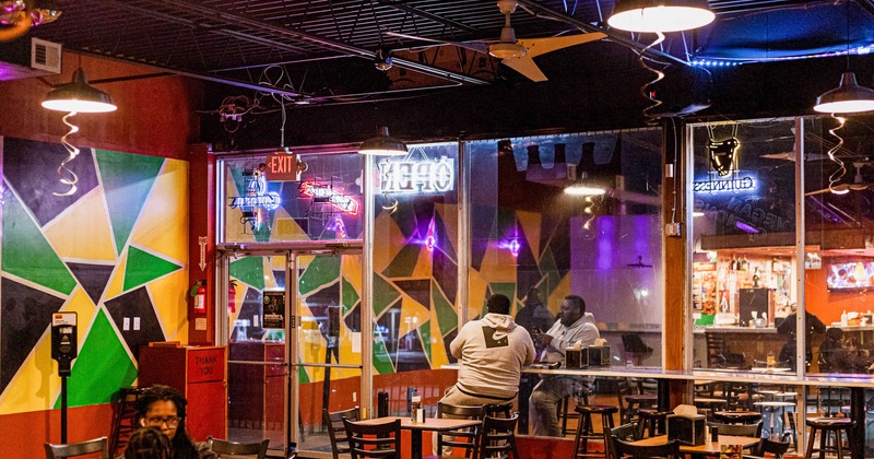 A seating area and guest seating and eating