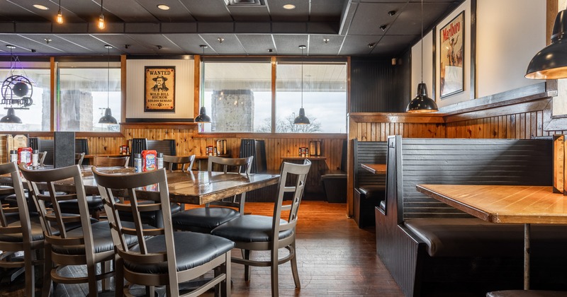 Interior, dining space with dining booths and tables and chairs