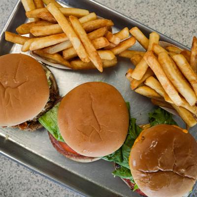 barbecue, taylor pork roll, cheeseburger and french fries.