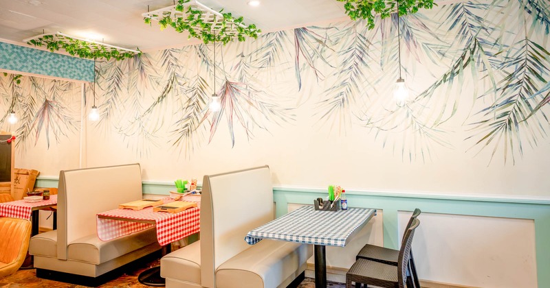 Interior, tables, chairs and seating booths