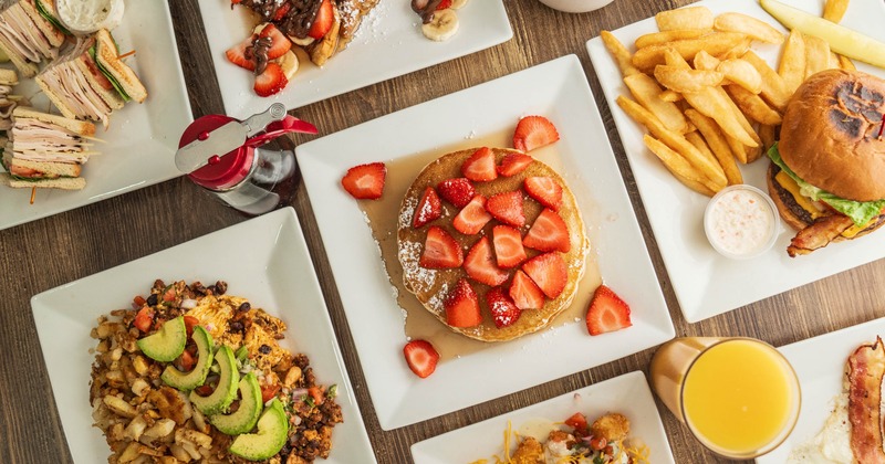 Variety of breakfast items served, top view