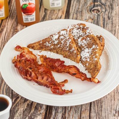 French Toast, with bacon, and maple syrup.
