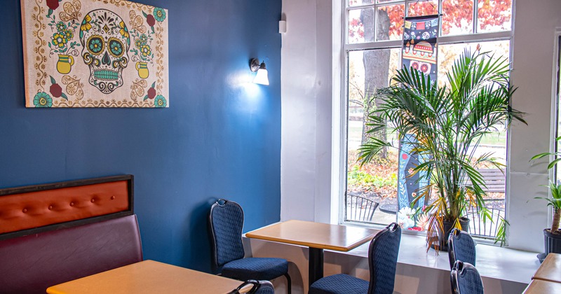 Seating area with blue walls, wooden tables, sugar-skull art, and plants