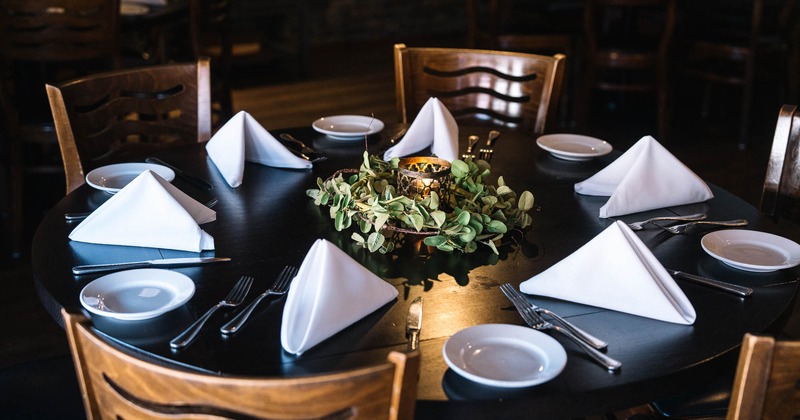 Round dining table, fully set