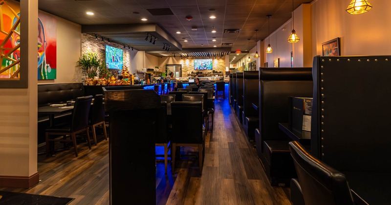 Interior, booths, dining tables and chairs