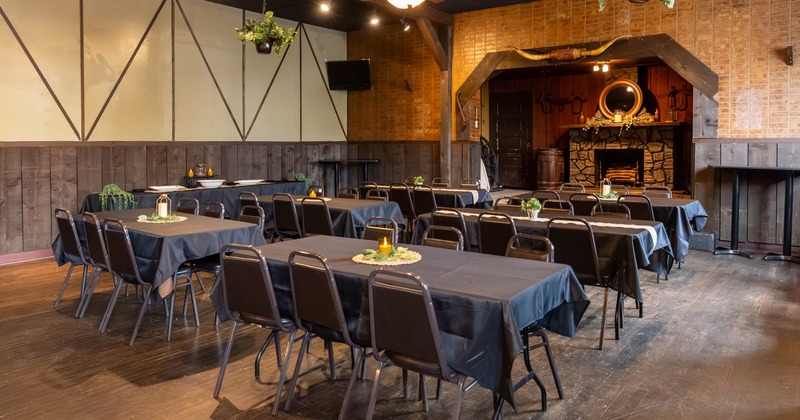Interior, tables and chairs ready for guests