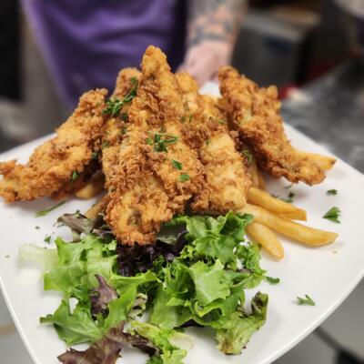 Double hand-battered Lake Perch dinner. This entree continues to be our #1 seller since we opened in May!.