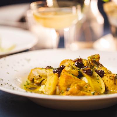 French Chicken Curry, with apples, onion, raisins, carrots, and mashed potatoes