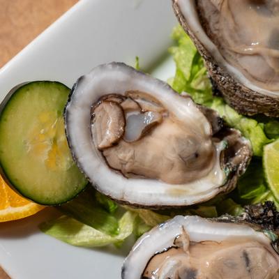 Oyster on shell garnished with a slice of cucumber and citrus, close-up.