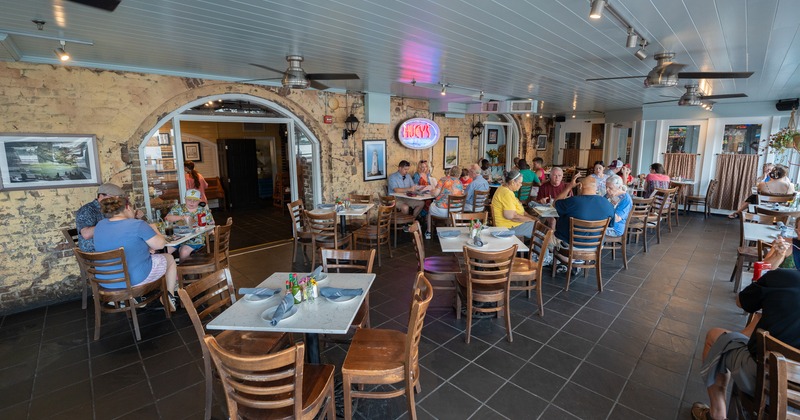 Diner area, tables, chairs, wide view